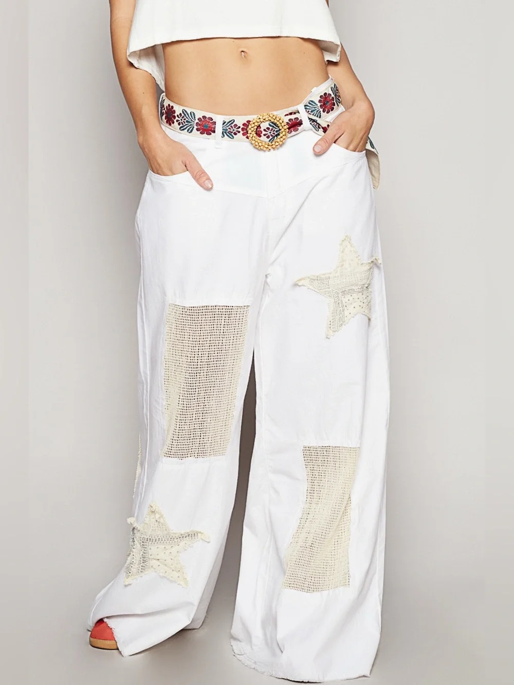 POL Embroidered Floral Belt with Beaded Buckle - Red, Teal, Cream